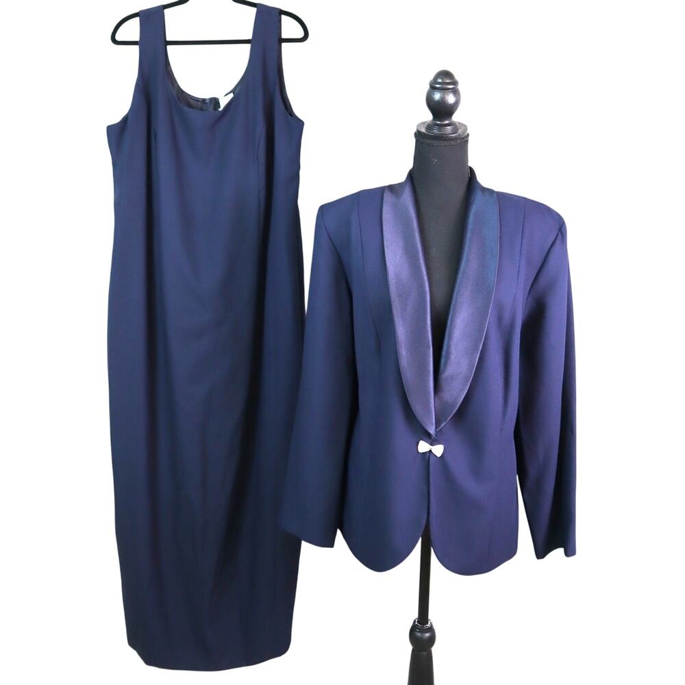 JR NITES Navy Blue Long Dress Jacket Suit SET Satin Shawl Collar Plus 18W Formal